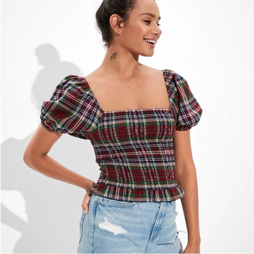 American Eagle Outfitters Plaid Puff Sleeve Blouse Size Small